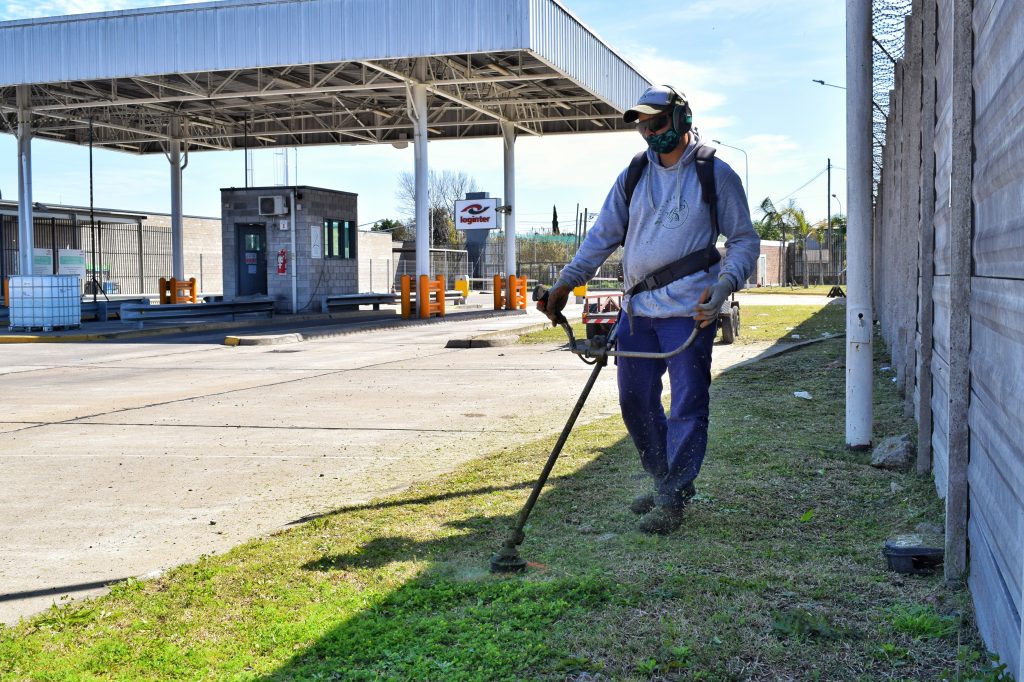 Operario con motoguadaña manteniendo el verde en el ingreso de una planta industrial